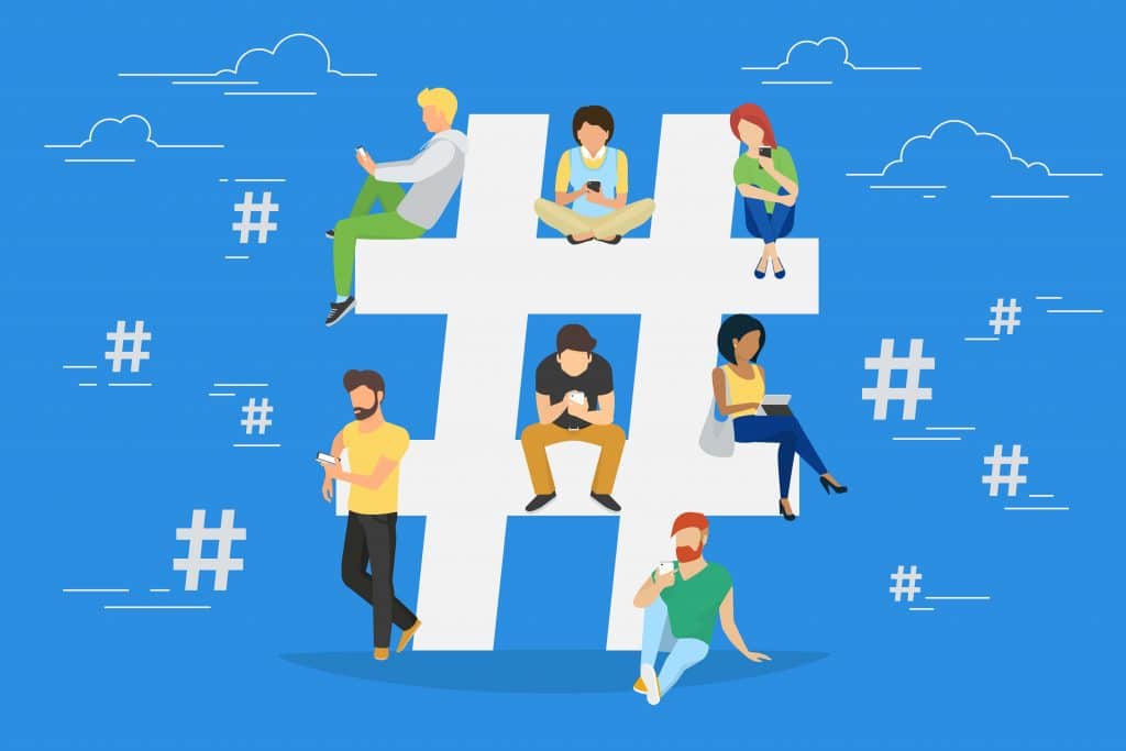 hashtag illustration with people using smart phones